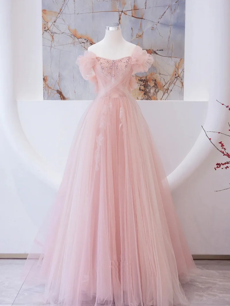 Robe de bal longue en tulle et dentelle rose élégante pour remise de diplôme