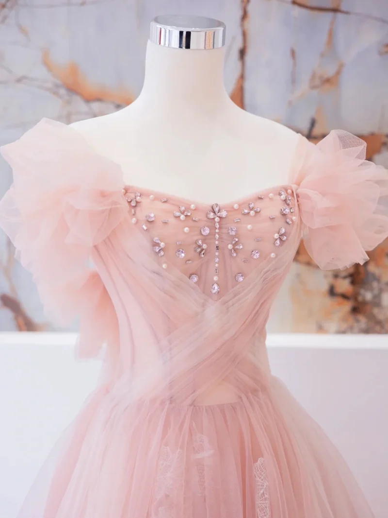 Robe de bal longue en tulle et dentelle rose élégante pour remise de diplôme