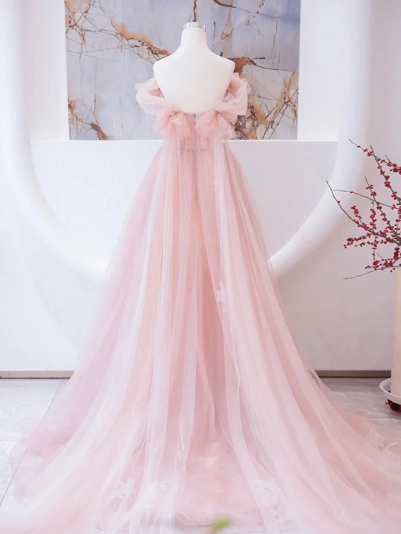 Robe de bal longue en tulle et dentelle rose élégante pour remise de diplôme
