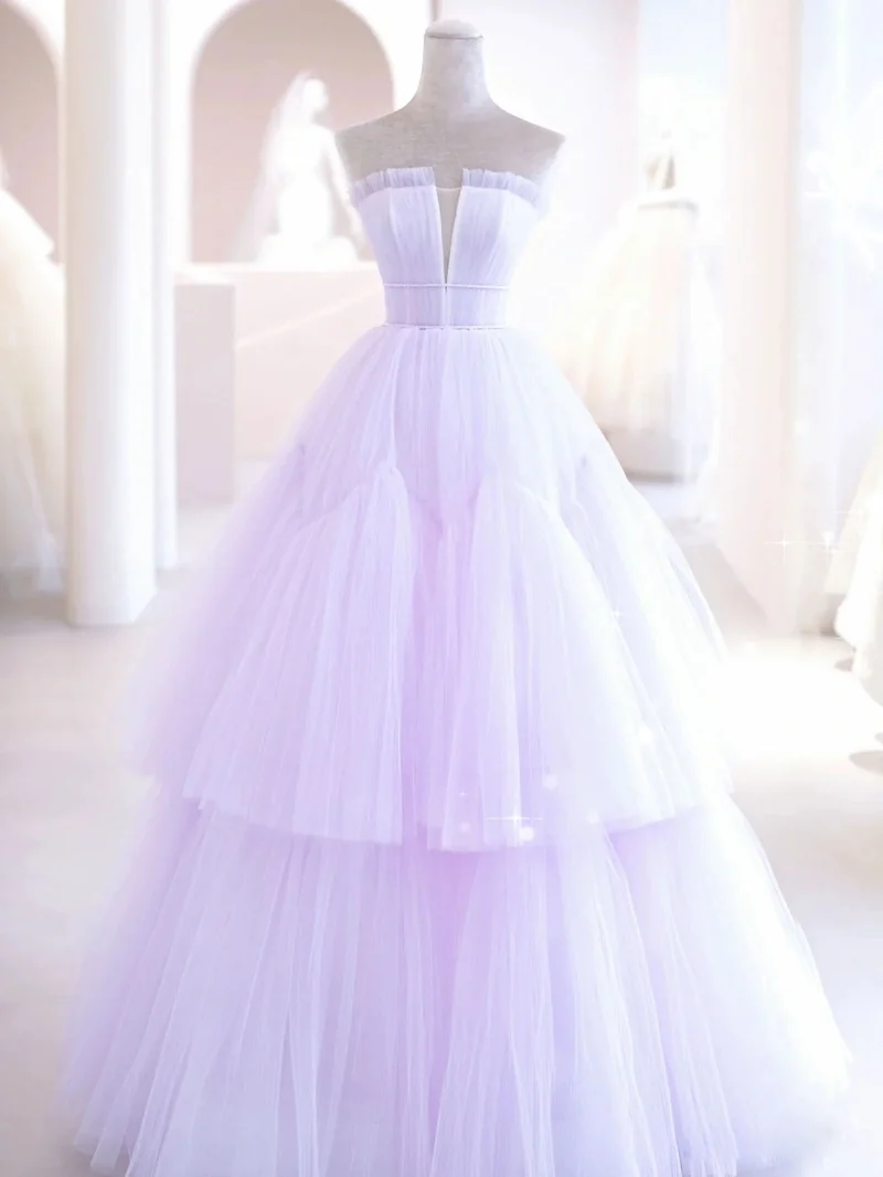 Robe de soirée élégante en tulle lilas, coupe trapèze, longueur au sol