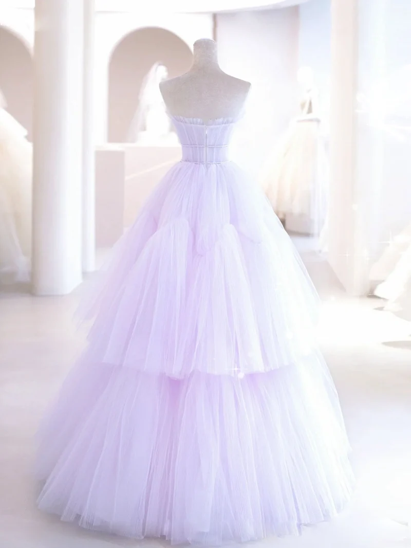 Robe de soirée élégante en tulle lilas, coupe trapèze, longueur au sol