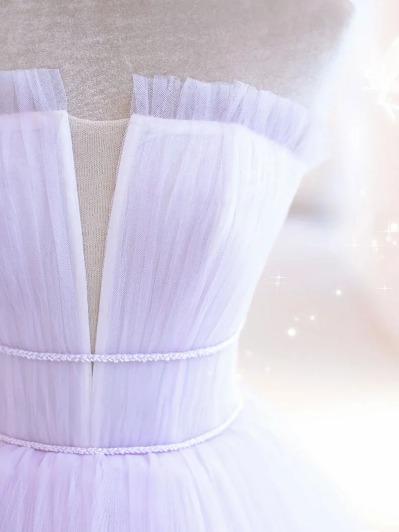 Robe de soirée élégante en tulle lilas, coupe trapèze, longueur au sol