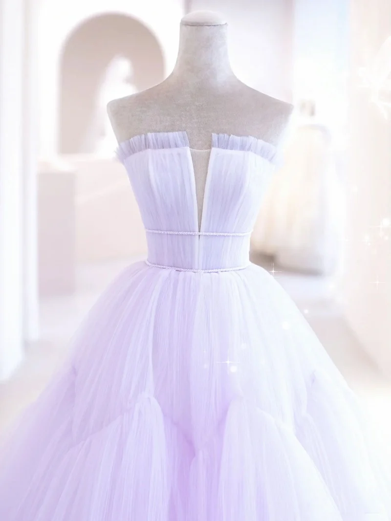 Robe de soirée élégante en tulle lilas, coupe trapèze, longueur au sol