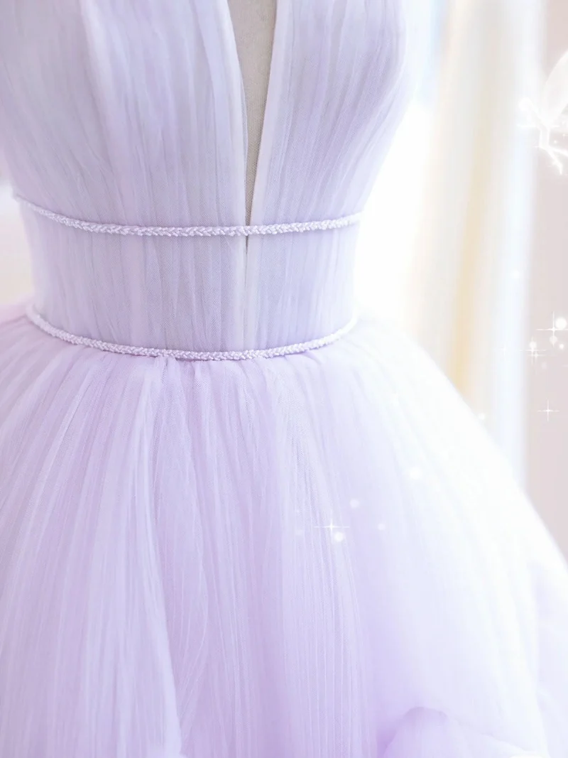 Robe de soirée élégante en tulle lilas, coupe trapèze, longueur au sol