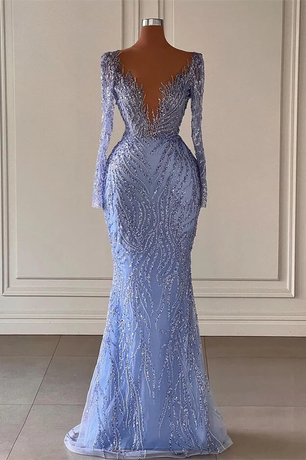 Robe de soirée sirène scintillante à col en V et manches longues ornée de perles pour événements formels