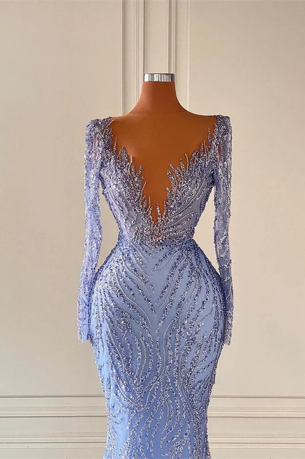 Robe de soirée sirène scintillante à col en V et manches longues ornée de perles pour événements formels