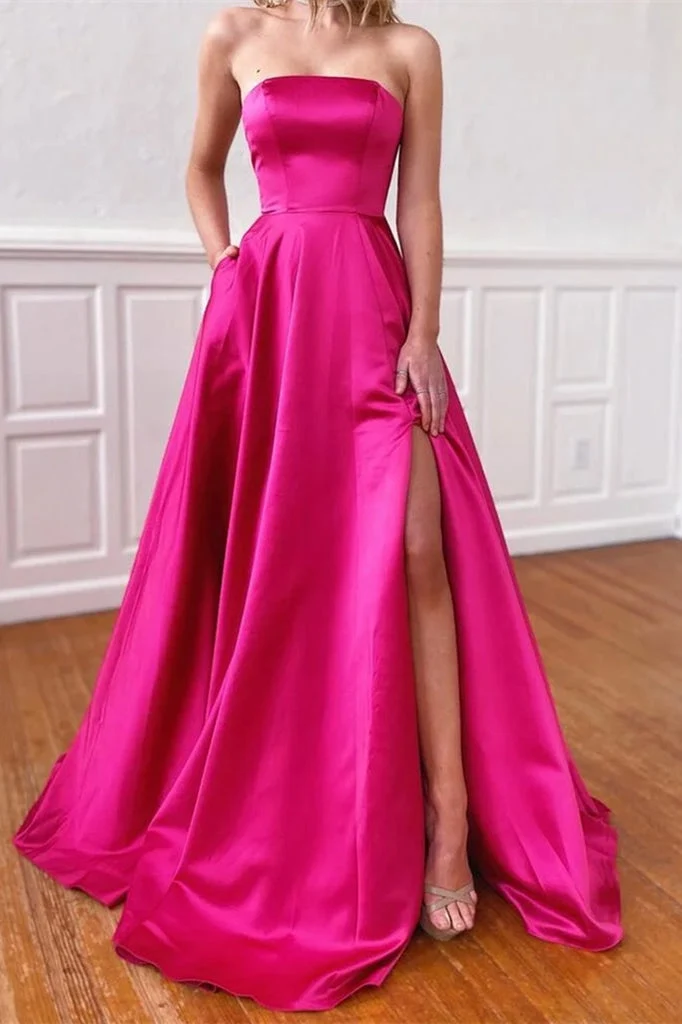 Robe de bal trapèze fuchsia vibrante sans bretelles avec poches et élégante fente latérale