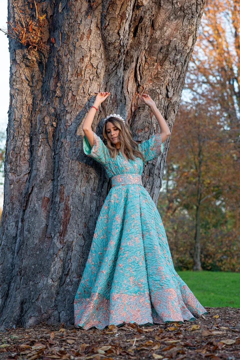 Robe jacquard de soie vert d'eau