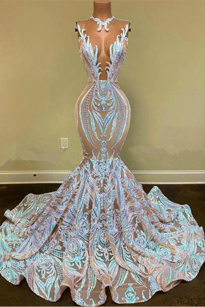 Robe de bal sirène élégante sans manches en dentelle, longue, avec perles complexes
