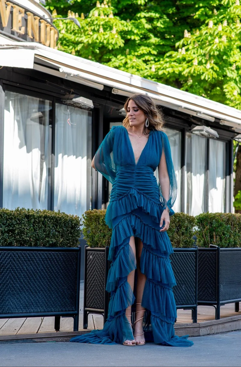 Robe longue asymétrique plissé bleu