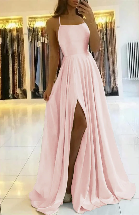 Robe de bal élégante à bretelles spaghetti et fente latérale pour femme