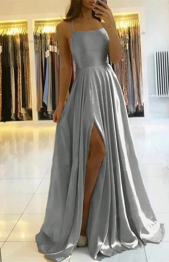 Robe de bal élégante à bretelles spaghetti et fente latérale pour femme