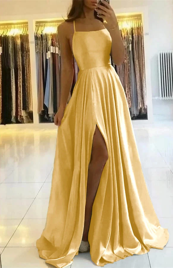 Robe de bal élégante à bretelles spaghetti et fente latérale pour femme