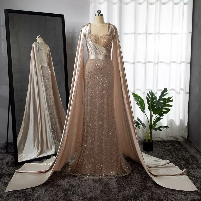 Robe de soirée sirène élégante en perles roses avec manches cape amovibles