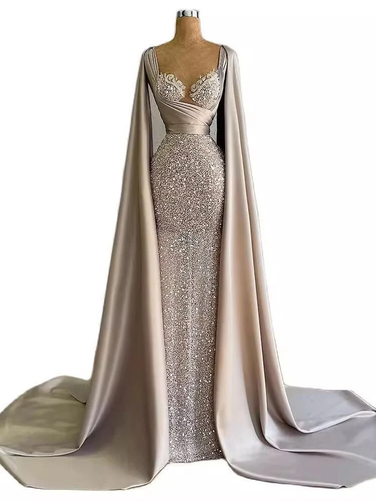 Robe de soirée sirène élégante en perles roses avec manches cape amovibles