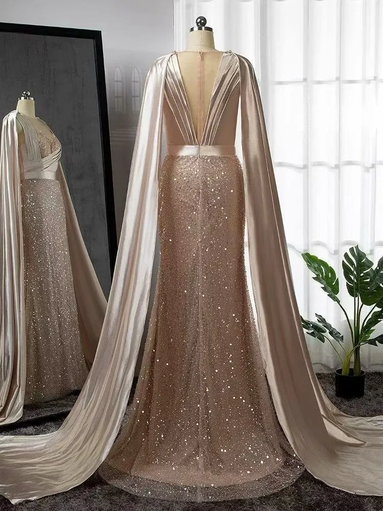 Robe de soirée sirène élégante en perles roses avec manches cape amovibles