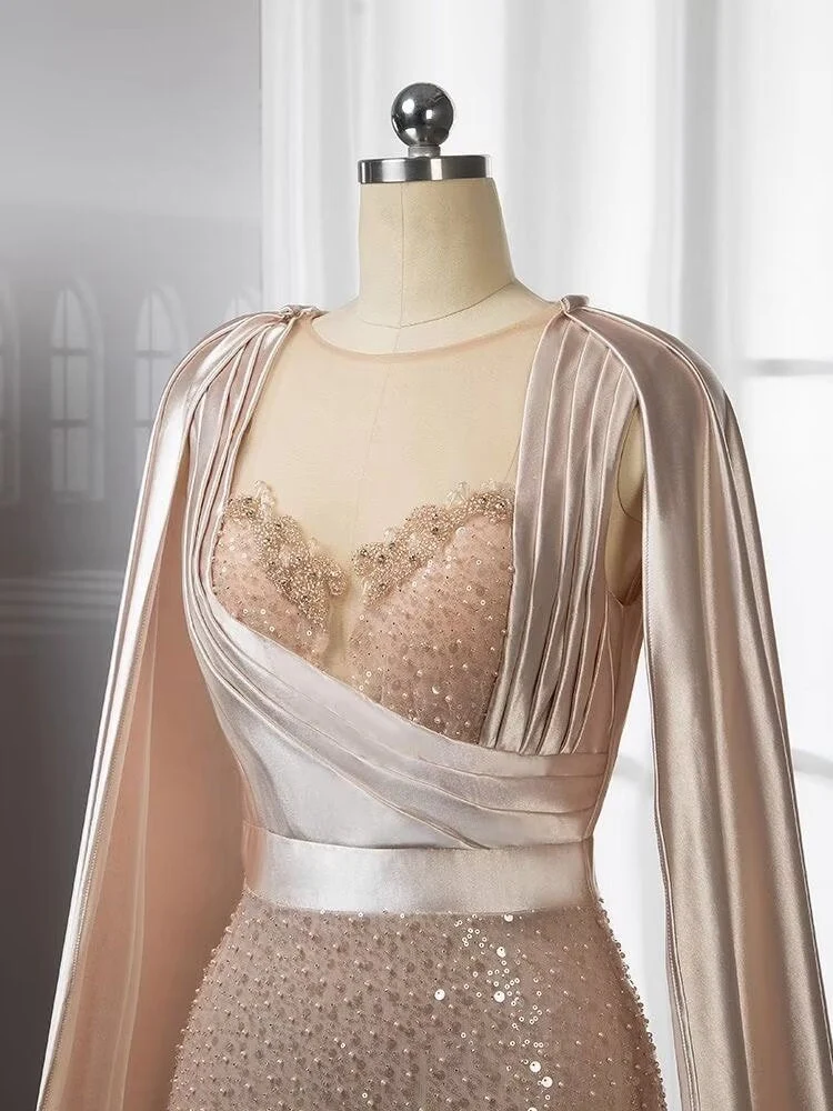 Robe de soirée sirène élégante en perles roses avec manches cape amovibles