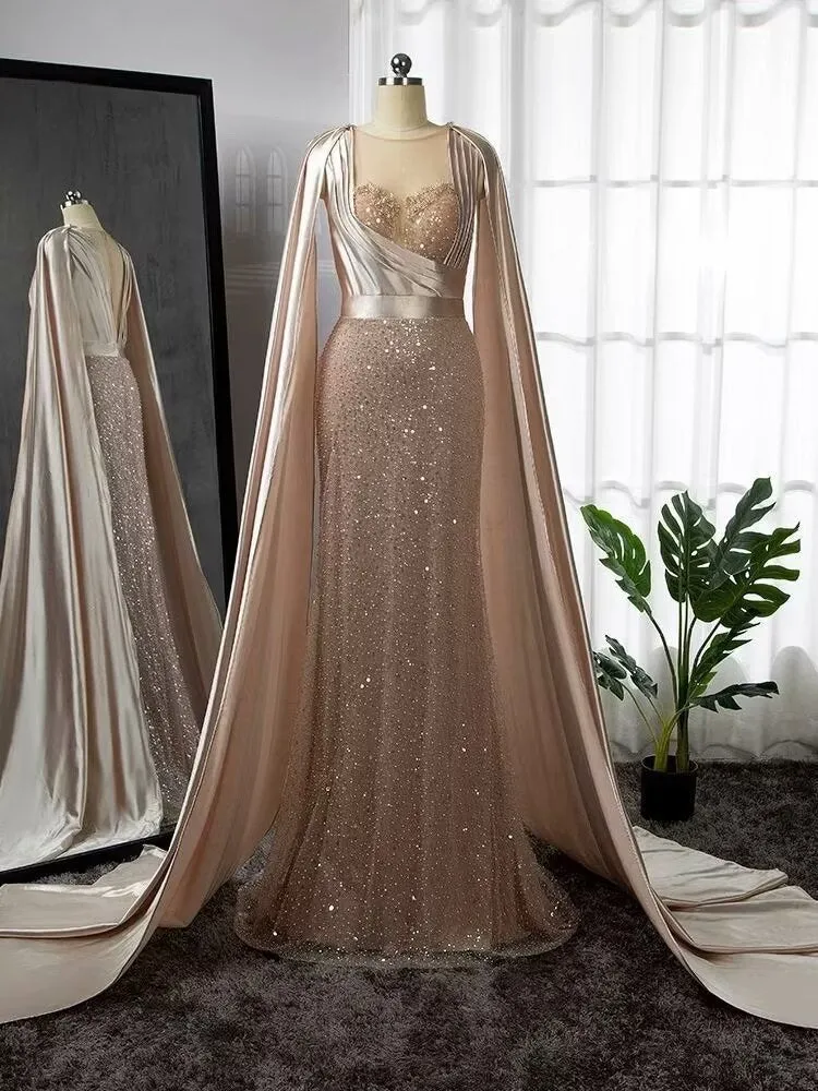 Robe de soirée sirène élégante en perles roses avec manches cape amovibles