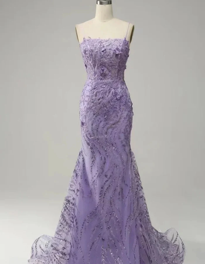 Robe de bal sirène à bretelles spaghetti et appliques violettes glamour pour des soirées élégantes