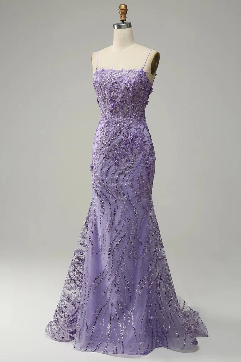 Robe de bal sirène à bretelles spaghetti et appliques violettes glamour pour des soirées élégantes