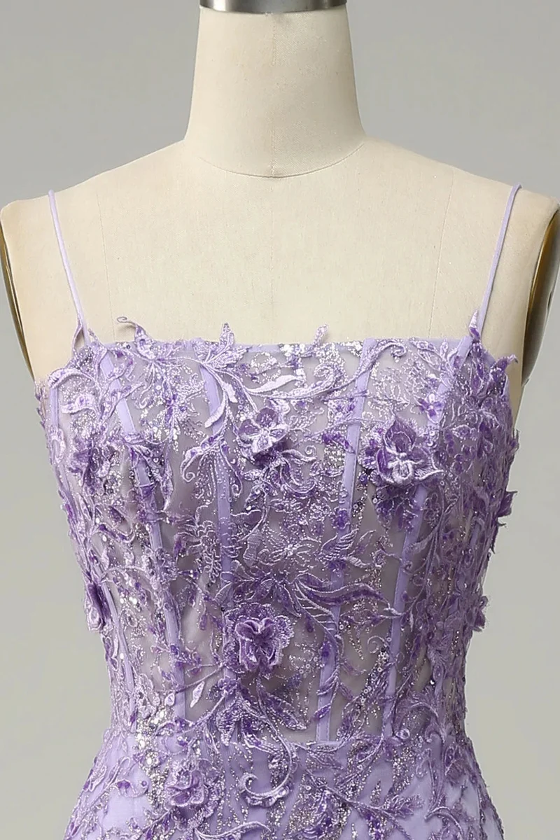 Robe de bal sirène à bretelles spaghetti et appliques violettes glamour pour des soirées élégantes