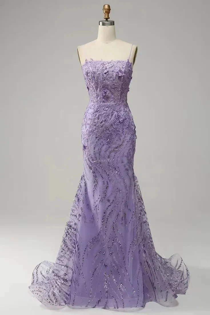 Robe de bal sirène à bretelles spaghetti et appliques violettes glamour pour des soirées élégantes