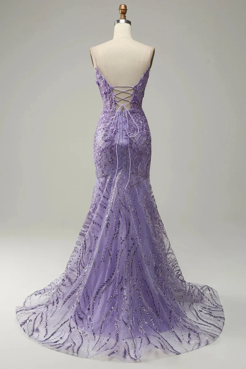 Robe de bal sirène à bretelles spaghetti et appliques violettes glamour pour des soirées élégantes