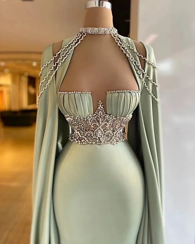 Robe de bal sirène élégante à col licou et perles vertes, coupe trapèze, pour occasions spéciales