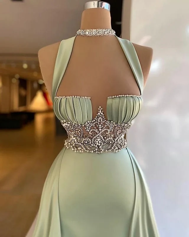 Robe de bal sirène élégante à col licou et perles vertes, coupe trapèze, pour occasions spéciales