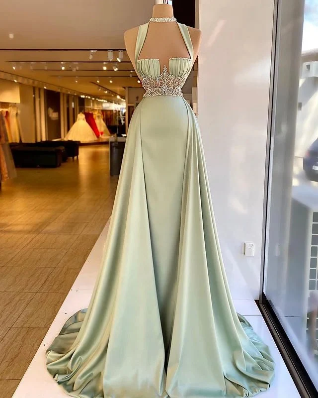 Robe de bal sirène élégante à col licou et perles vertes, coupe trapèze, pour occasions spéciales