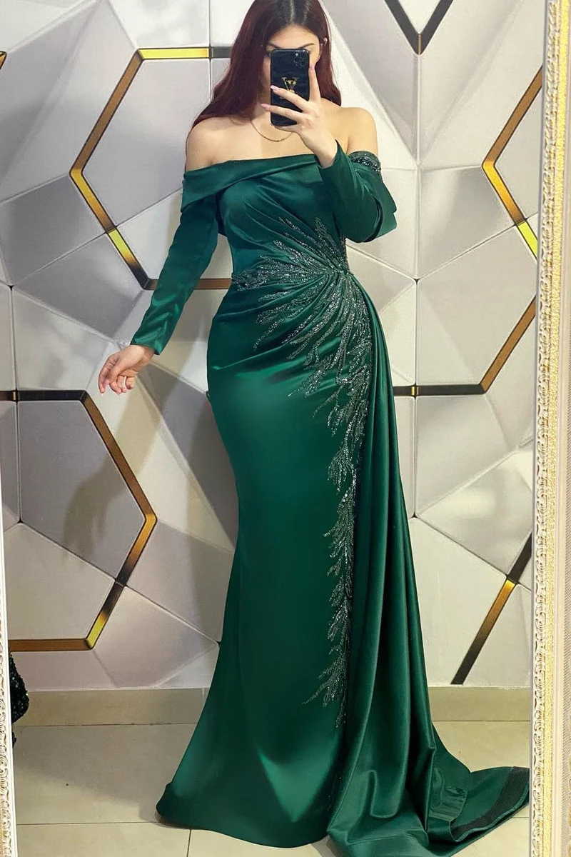 Robe de bal sirène plissée vert foncé à épaules dénudées, élégante, pour événements formels