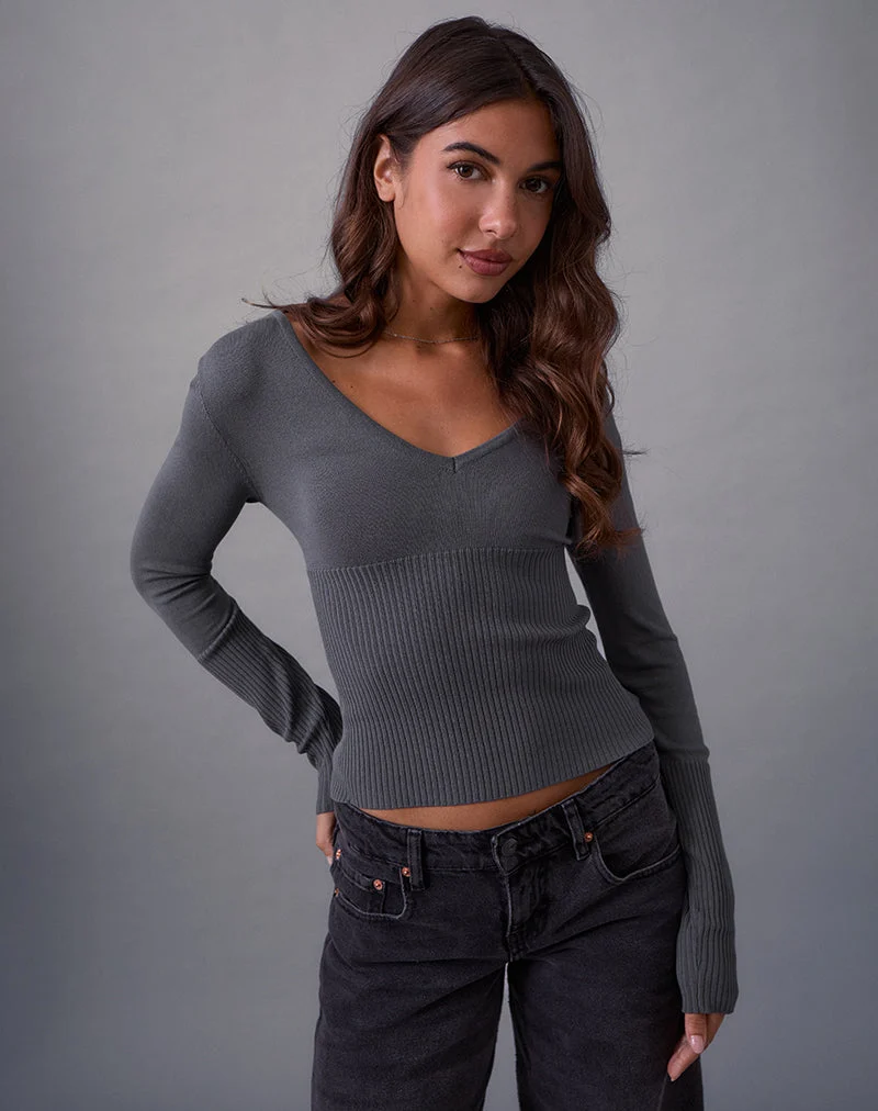 Darya Long Sleeve Knit Top in Slate Grey (Top à manches longues en tricot, gris ardoise)