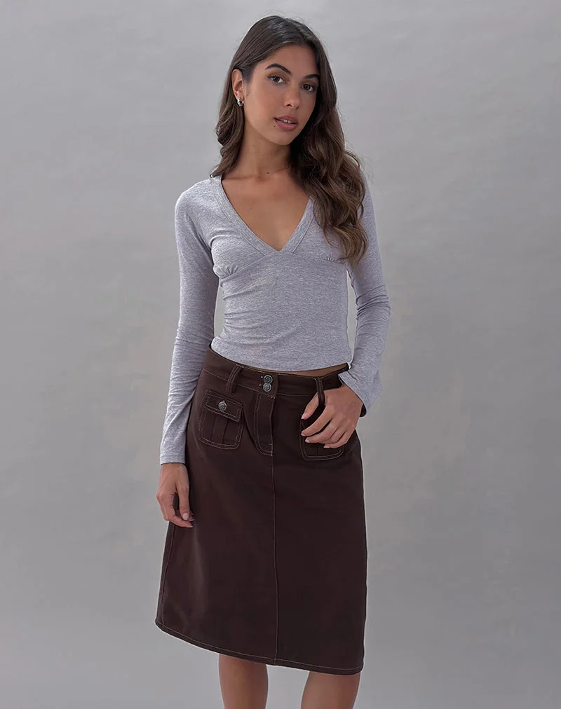 Astor Midi Skirt in Brown with Contrast Stitch (jupe midi brune à coutures contrastées)
