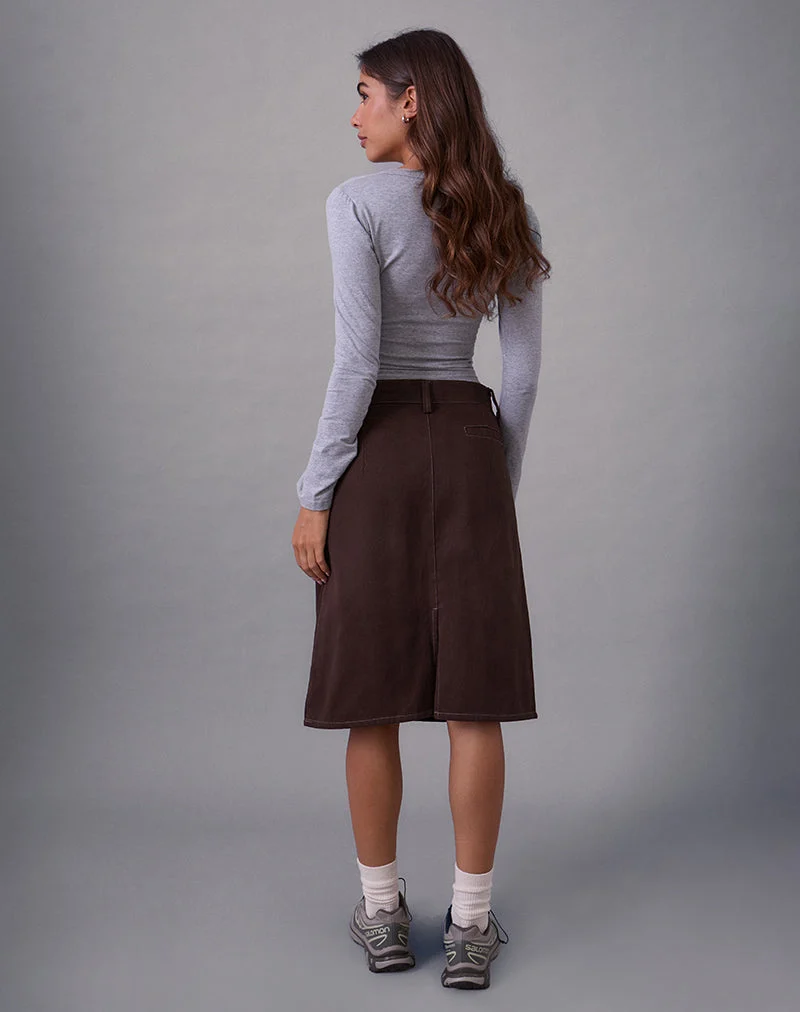 Astor Midi Skirt in Brown with Contrast Stitch (jupe midi brune à coutures contrastées)