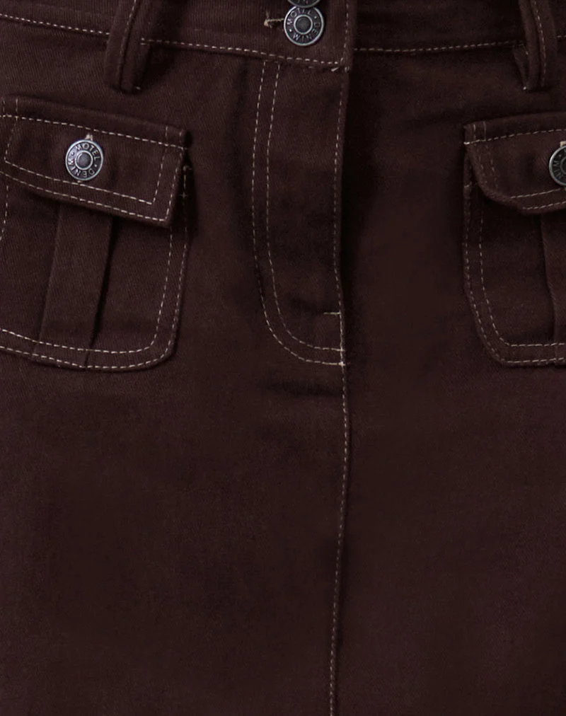Astor Midi Skirt in Brown with Contrast Stitch (jupe midi brune à coutures contrastées)