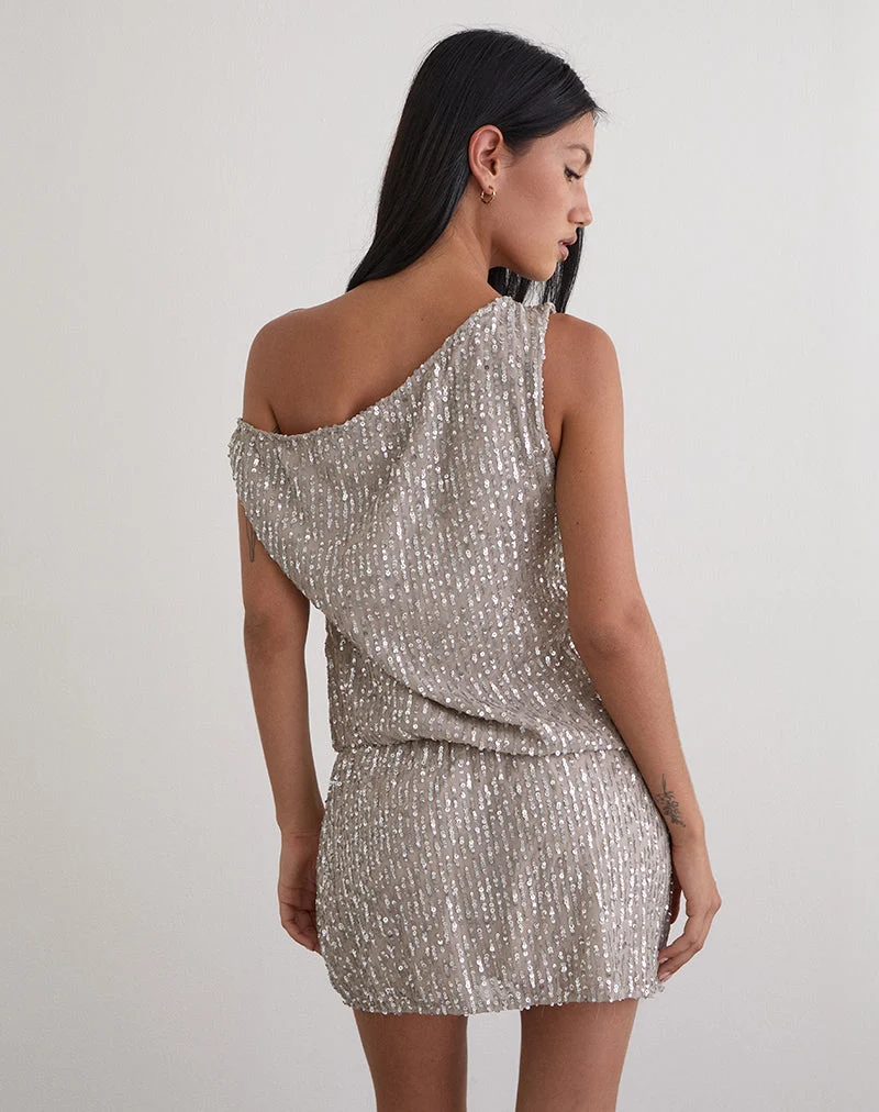 Vora One Shoulder Mini Dress in Sequin Nude