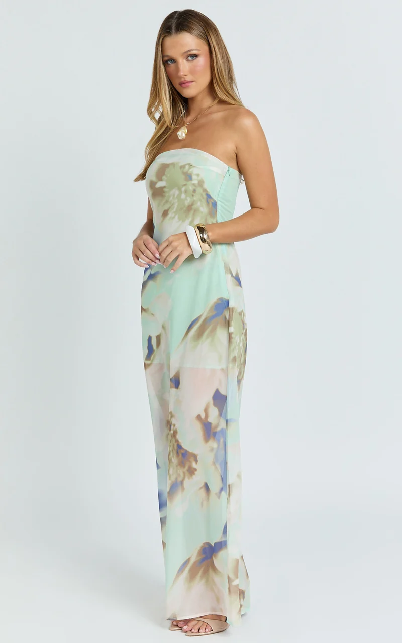 Adiana Maxi Dress - Floral Print Strapless Dress in Aquamarine Floral