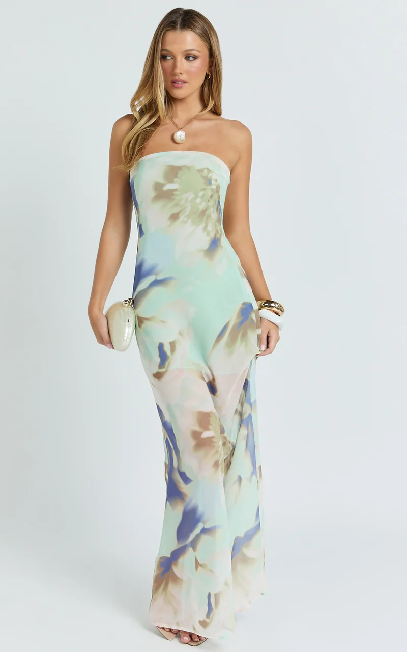 Adiana Maxi Dress - Floral Print Strapless Dress in Aquamarine Floral