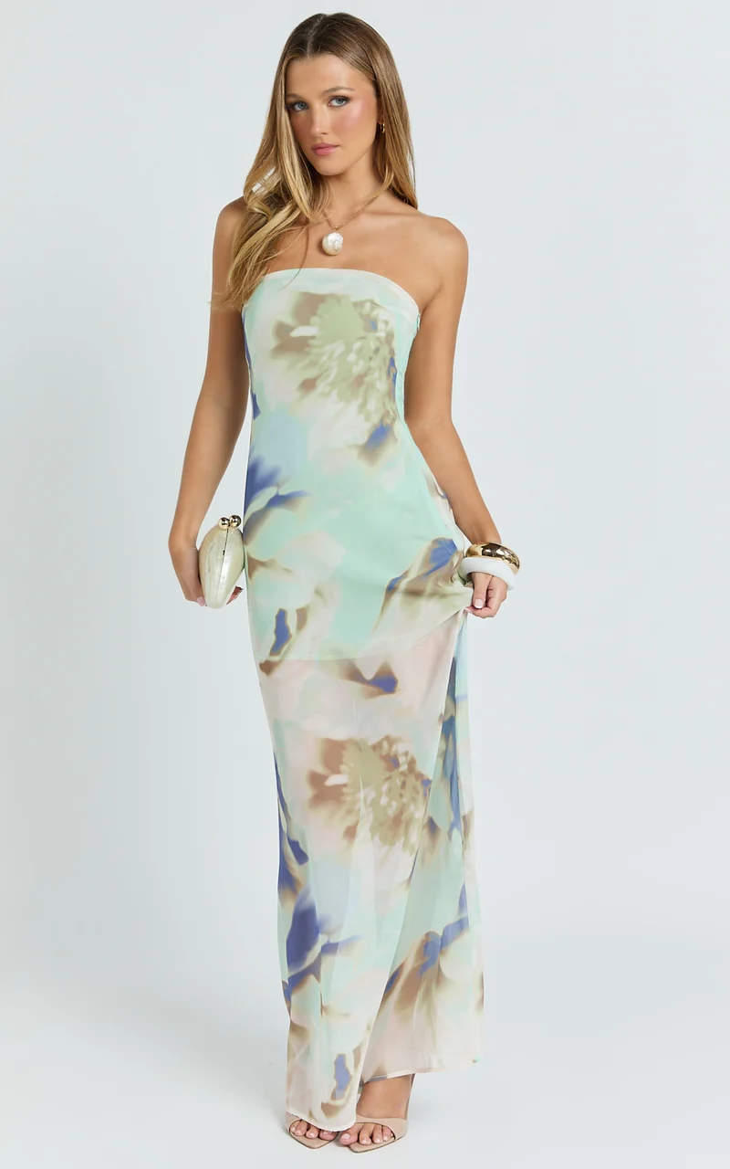 Adiana Maxi Dress - Floral Print Strapless Dress in Aquamarine Floral