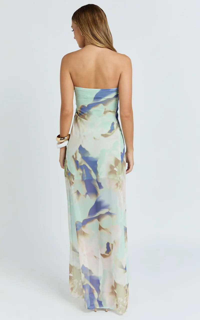Adiana Maxi Dress - Floral Print Strapless Dress in Aquamarine Floral