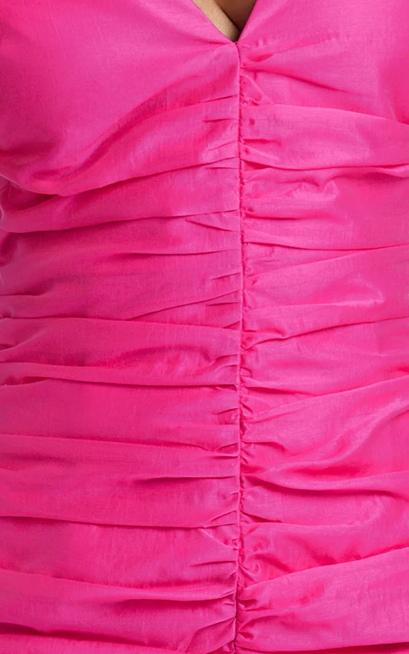 Janine Mini Dress - Gathered V Neck Dress in Pink
