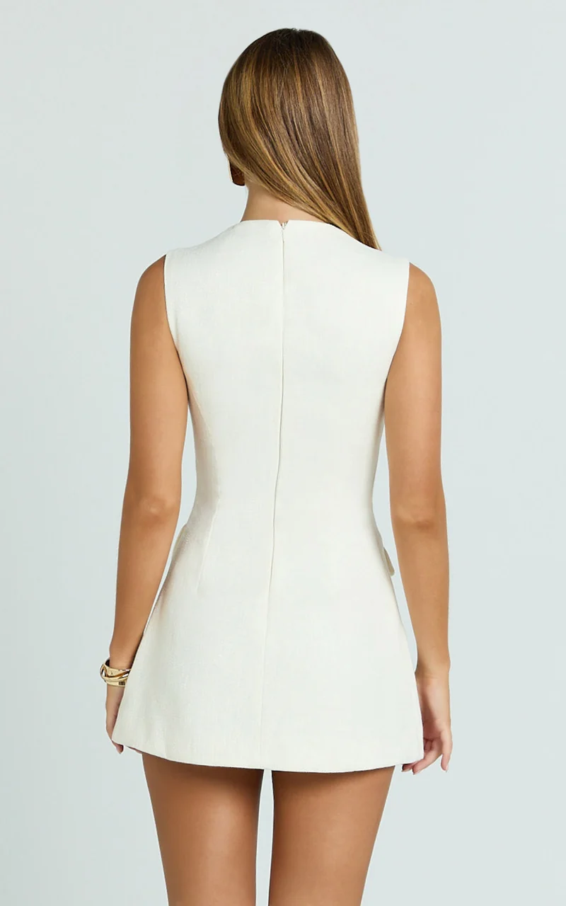 Halsey Mini Dress - Sleeveless Deep U Neck Faux Wrap Tulip Dress in Cream
