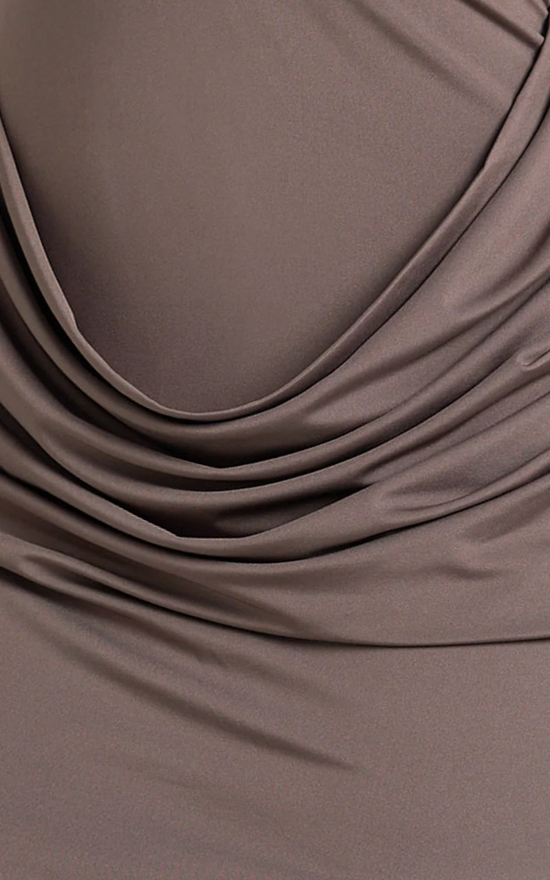 Heath Maxi Dress - Scoop Halter Neck With Drape Front Skirt Back Split Dress in Brown
