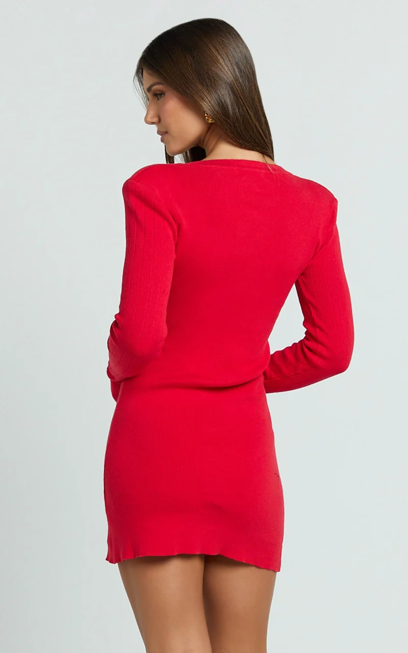 Nikka Mini Dress - Long Sleeve V Neck Bodycon Knit Dress in Red