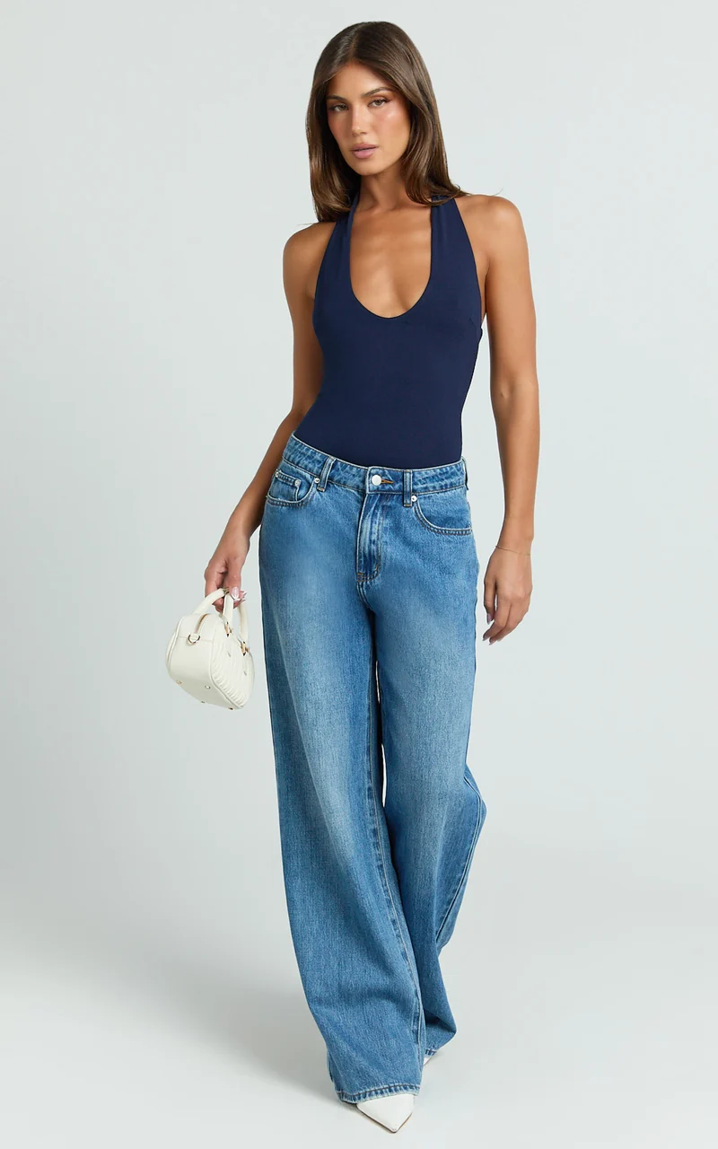 Suzanna Bodysuit - V Neck Halter Bodysuit in Navy