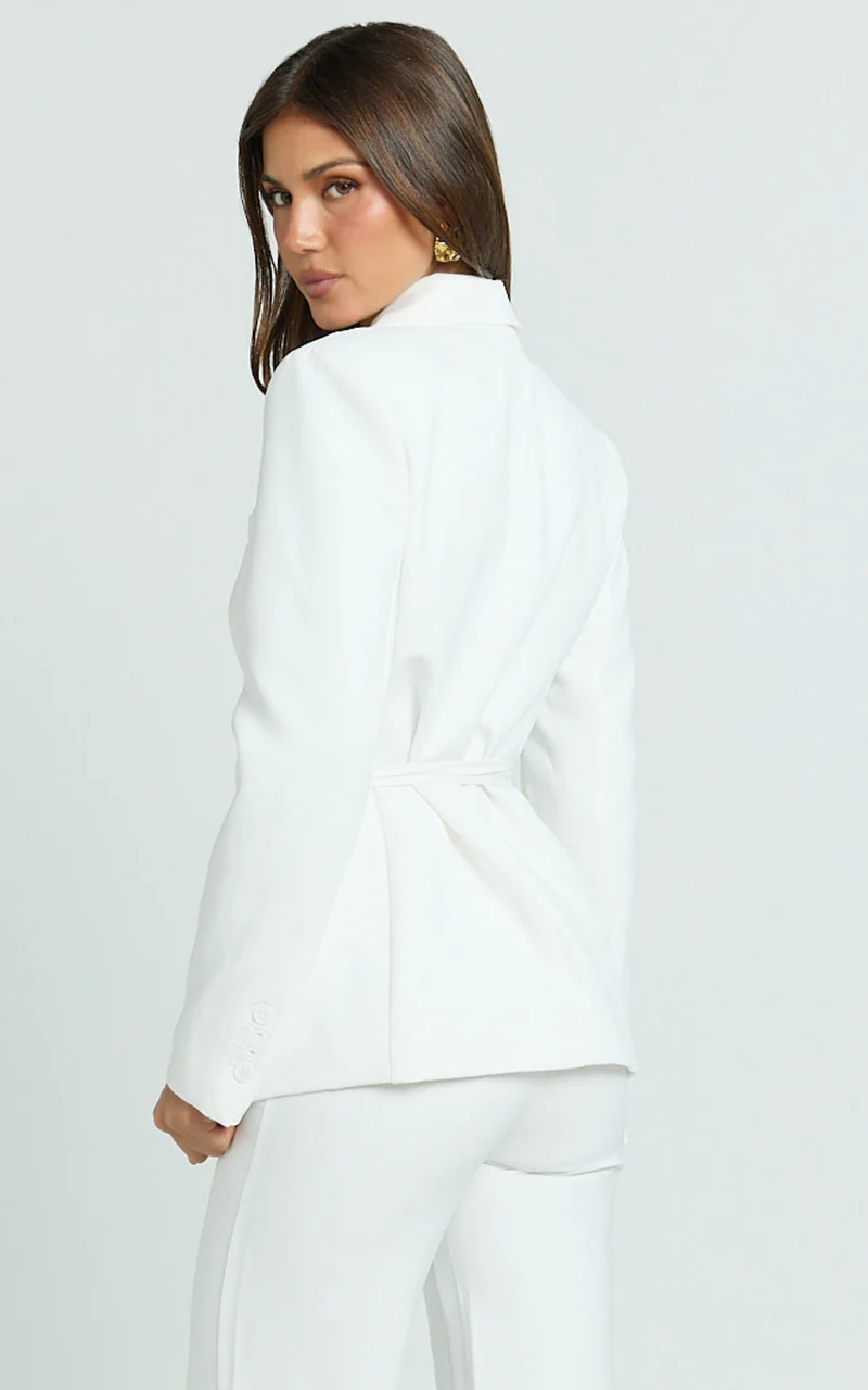 Harlee Blazer- Belted Cinch Waist Blazer in White