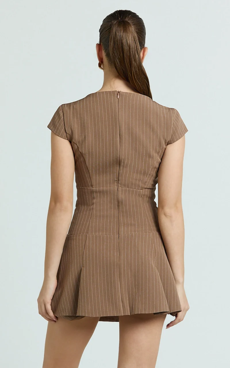 Steph Mini Dress - V Neck Cap Sleeve Pleat Skirt Dress in Chocolate