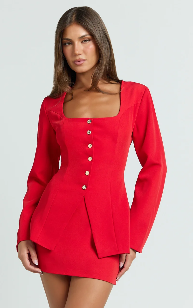 Evie Two Piece Set - Long Sleeve Button Down Tailored Top and Mini Skirt Set in Red