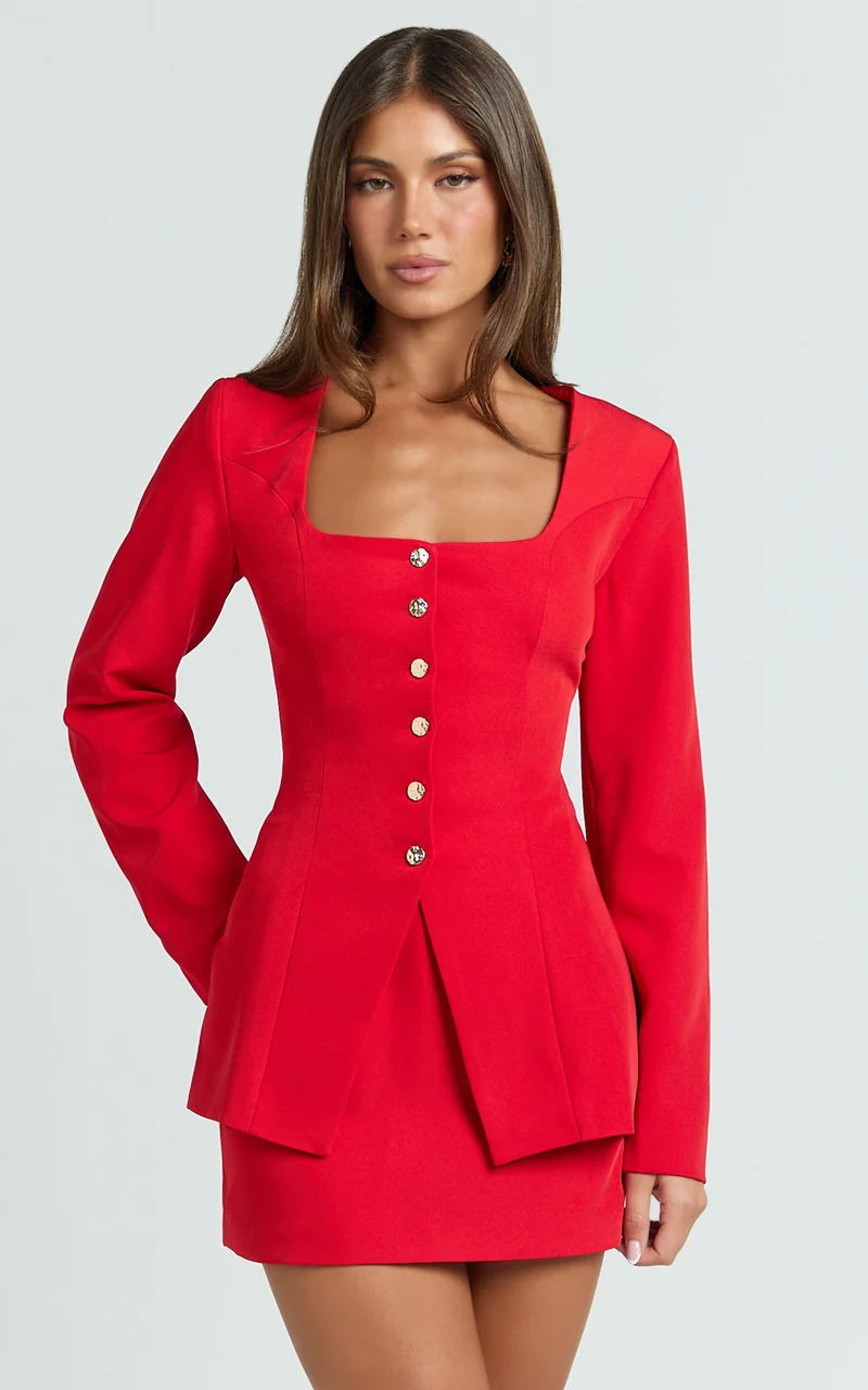 Evie Two Piece Set - Long Sleeve Button Down Tailored Top and Mini Skirt Set in Red