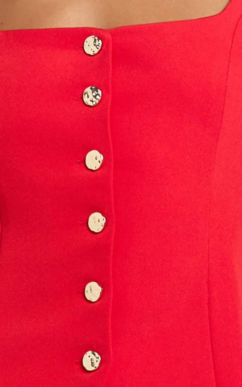 Evie Two Piece Set - Long Sleeve Button Down Tailored Top and Mini Skirt Set in Red